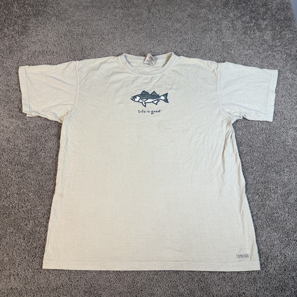 Life Is Good Fish Shirt Mens XL Beige Graphic Cotton T-Shirt Fishing Peru